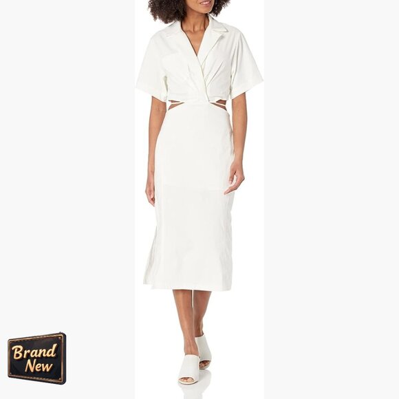 Short Sleeve V-Neck Midi Dress with Side Cut Out and Tie Back
